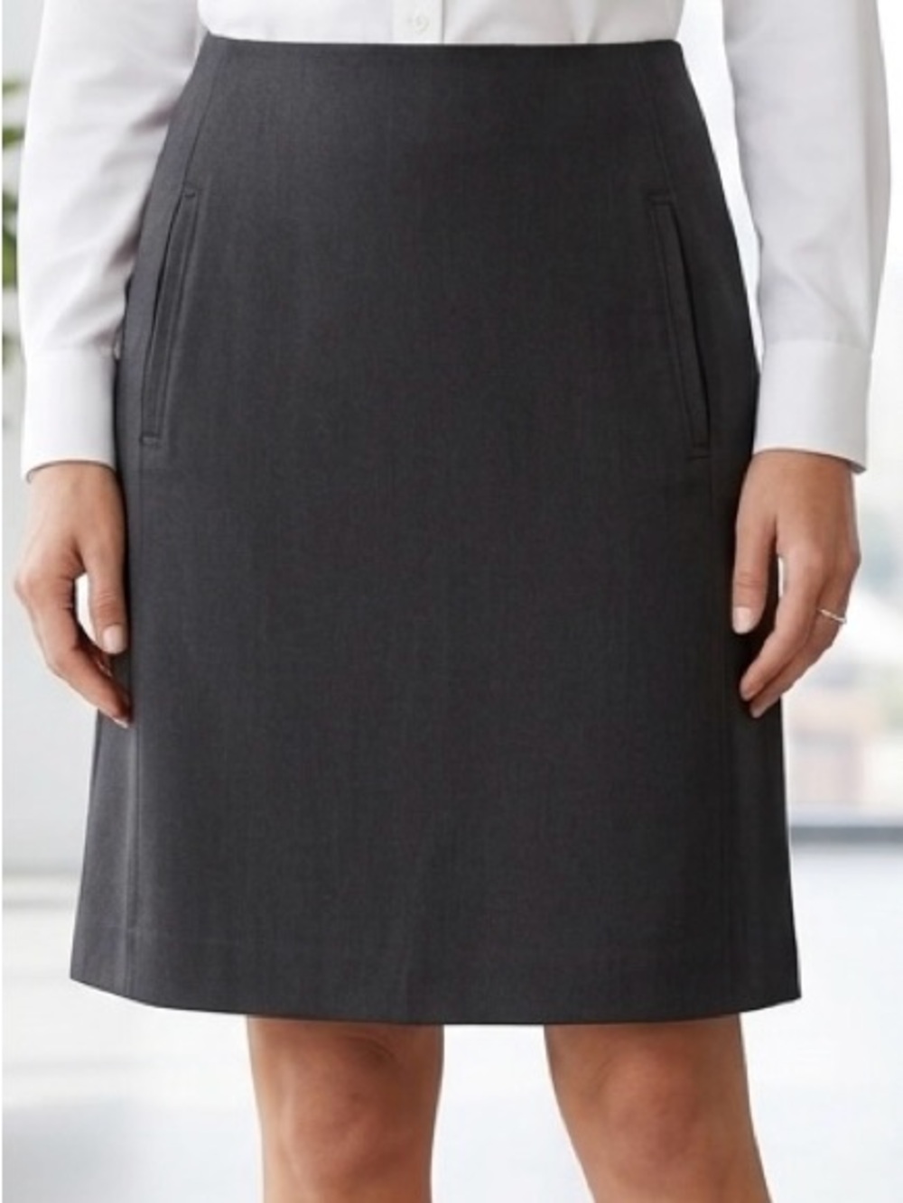 Atelier Luxe Boutique Gray Career A-Line Skirt Pockets Sz 10 Stretch Office EUC